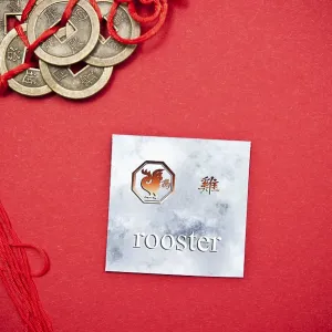 Rooster zodiac card with Chinese character on a red background with coins