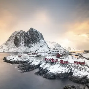 Rorbuer fishermen's cabins by the snowy fjord Rorbuer fishermen's cabins by the snowy fjord