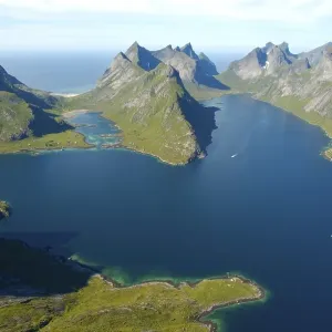 Rough mountains with fjord Kjerkfjorden and boat Moskenesoya Lofoten Norway