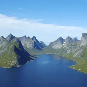 Rough mountains with fjord Kjerkfjorden Moskenesoya Lofoten Norway