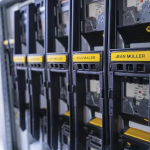 Row of black electricity meters from a specific manufacturer