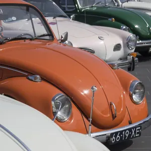 Rows of vintage cars with an orange car in the foreground Rows of vintage cars with an orange car in the foreground