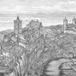 Rudelsburg (left) with outer bailey and curtain walls and Saaleck Castle (both 12th century) on the Saale
