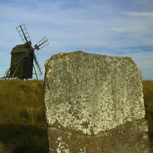 Runestone and windmill, Island Oland, Sweden