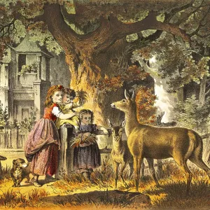 Rural scene with three children and friendly deer