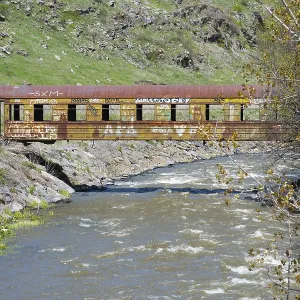 A rusted train car with graffiti stands over a flowing river in a green A rusted train car with graffiti stands over a flowing river in a green