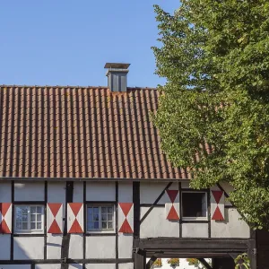A rustic half-timbered house with red roof and trees in the background A rustic half-timbered house with red roof and trees in the background