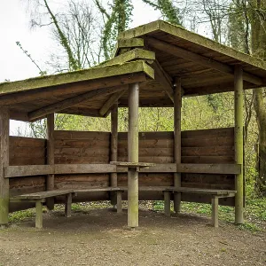 A rustic wooden shelter in the forest with benches A rustic wooden shelter in the forest with benches