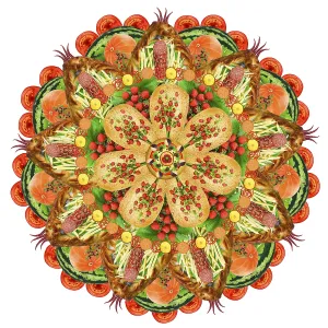 Sacred mandala of fat men and gluttons made from foods ingredients - fruits Sacred mandala of fat men and gluttons made from foods ingredients - fruits
