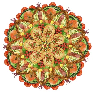 Sacred mandala of fat men and gluttons made from foods ingredients - fruits Sacred mandala of fat men and gluttons made from foods ingredients - fruits