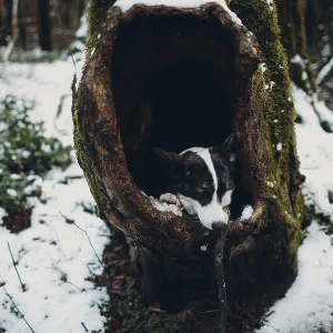 The sad puppy corgi dog seats in hollow tree The sad puppy corgi dog seats in hollow tree
