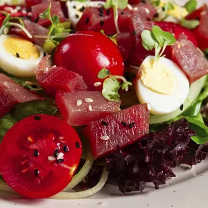 Salad with Fresh Tuna, Cherry Tomatoes and Quail Eggs Print Salad with Fresh Tuna, Cherry Tomatoes and Quail Eggs Print