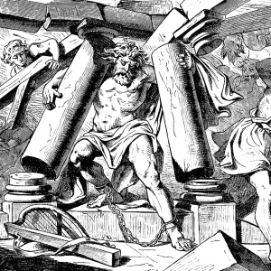 Samson breaks the pillars and dies with the princes and the people