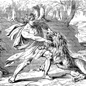 Samson fighting with the lion, vineyards in Thimnath