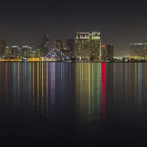 San Diego skyline, night, water reflections