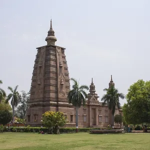 Sarnath, India, April 8, 2011: Historical buildings at Buddhist pilgrimage site Sarnath, India, April 8, 2011: Historical buildings at Buddhist pilgrimage site