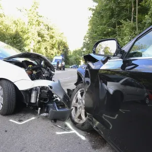 Scene of an accident, head-on collision between an Audi and a Ford Scene of an accident, head-on collision between an Audi and a Ford