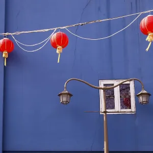 Scenic architecture fragment from Singapore Chinatown with red lanterns