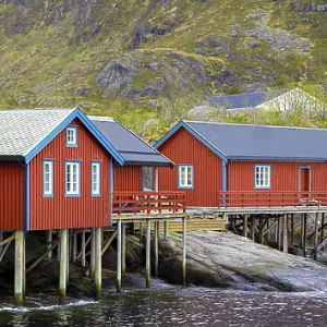 Scenic fishing village A in Lofoten Islands with authentic fishermen sheds and museum