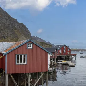 Scenic fishing village A in Lofoten Islands with authentic fishermen sheds and museum