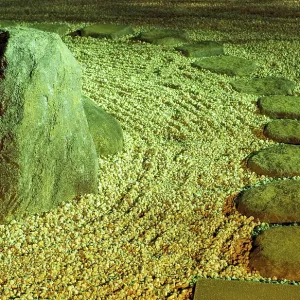 Scenic Japanese stone zen garden under night illumination