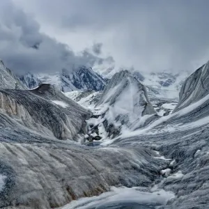 Scenic view of Engilchek glacier in Tian Shan mountain range in Kyrgyzstan