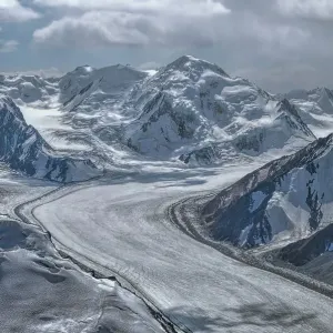 Scenic view of Fedchenko Glacier in Pamir mountains in Tajikistan