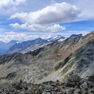 Scenic view from Gaislachkogel over the Otztal Alps and down into the Otztal near Solden