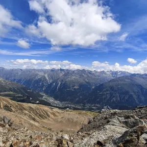 Scenic view from Gaislachkogel over the Otztal Alps and down into the Otztal near Solden
