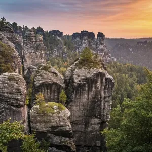 Schrammsteine around the Bastei at sunrise