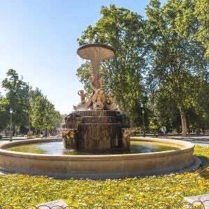 Sculpture of the Fountain of the Galapagos in the Retiro Park in the city of Madrid
