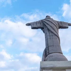 Sculpture detail of Mirador de Cristo Rei at sunset in Funchal in summer