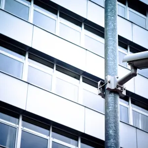 Security camera attached to a metal pole in front of a modern building with glass windows