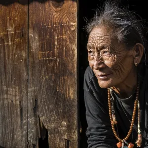 Senior female farmer looking out of a window