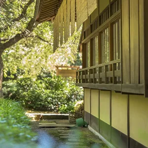 Shaded tea house lined with a circular stone path with reed canopies at its windows in Shinjuku Gyoen Park in Tokyo