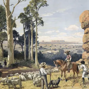 Shepherd with flock of sheep and natives with hunting prey