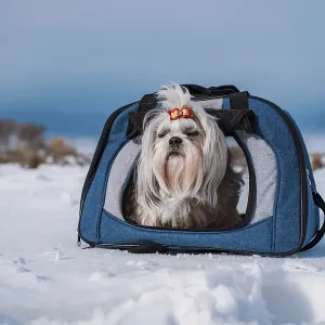 Shih tzu dog with bow sitting in bag on winter mountains background Shih tzu dog with bow sitting in bag on winter mountains background