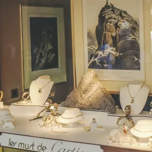 Shop window of a jewelry store 1990 with Les must de Cartier jewelry and watches