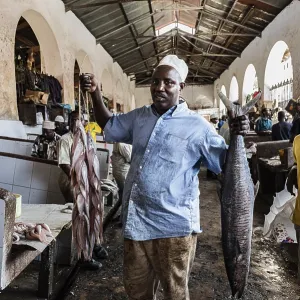 Shoppers and traders at the fish market in Darajani Market