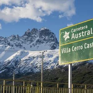 Signpost on road Carretera Austral at Villa Cerro Castillo