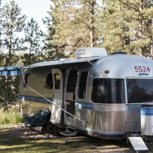 A silver Airstream camper is parked at a wooded campsite with trees surrounding it under daylight