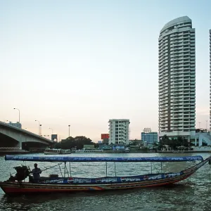 Skyscrapers, longtail boat, Chao Phraya River Skyscrapers, longtail boat, Chao Phraya River