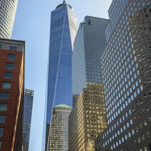 Skyscrapers on Vesey Street, in the back One World Trade Center Skyscrapers on Vesey Street, in the back One World Trade Center