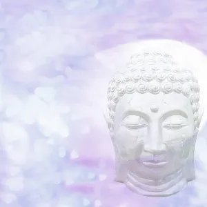 Sleeping Buddha head abstract with halo on pastel violet blue color heart pattern