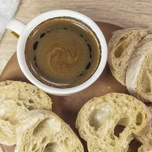 Sliced bread and coffee print on linen tablecloth