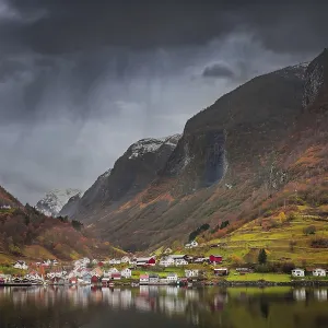 Small homes on the shore of a fjord photographed from a Fjords sightseeing cruise boat in autumn Small homes on the shore of a fjord photographed from a Fjords sightseeing cruise boat in autumn