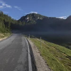 A small, light morning fog rising above the meadow by the asphalt road