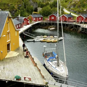 Small port with colourful houses Nusfjord Flakstadoya Lofoten Norway