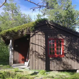 Small rustic wooden hut with a red window and a door in a green forest Small rustic wooden hut with a red window and a door in a green forest