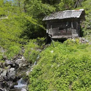 A small stream flows next to a wooden hut
